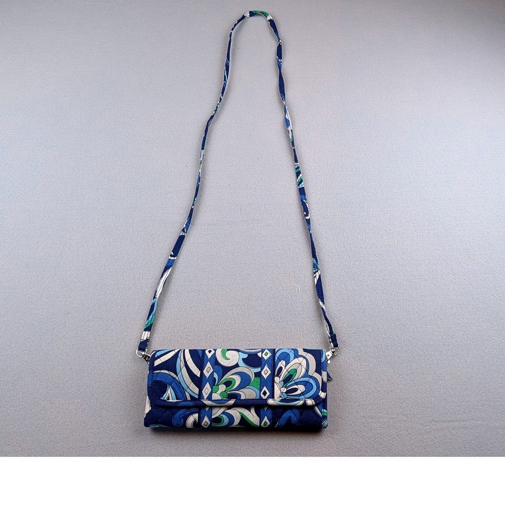 Vera Bradley Crossbody Wallet Bag Blue Green Quilted Floral Geometric ID Window